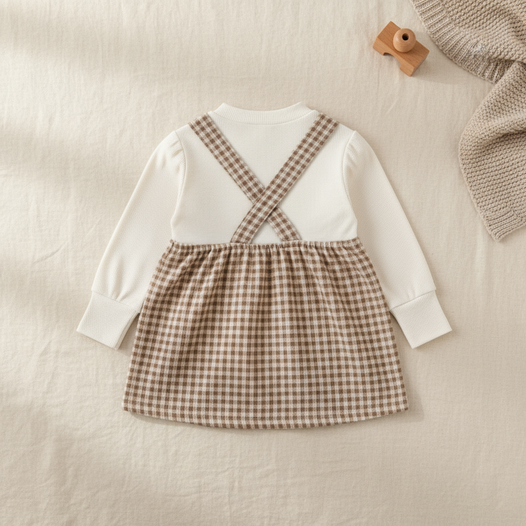 Brown plaid baby dress - back view