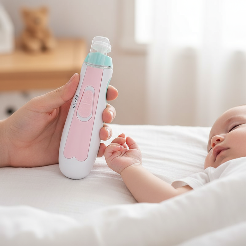 Parent Using Nail Care Kit on Sleeping Baby