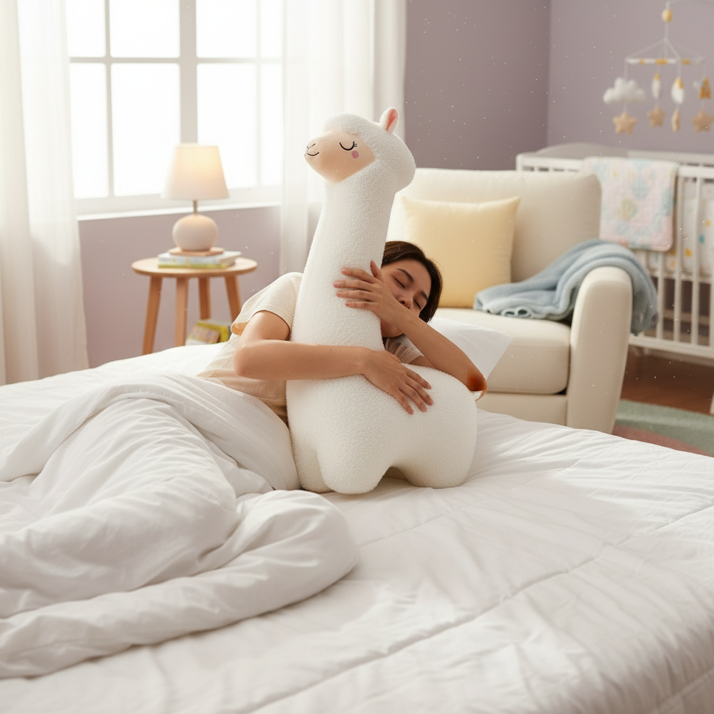 White Alpaca Being Cuddled in Bed