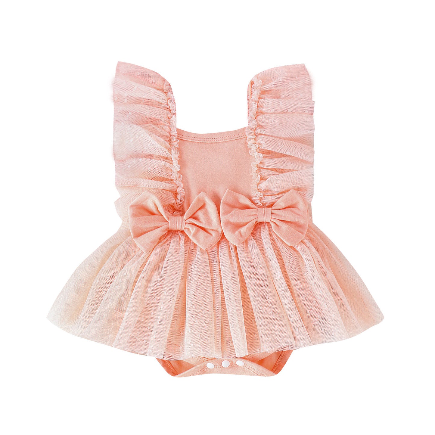 Pink baby romper with ruffled sleeves and a bow on a white background