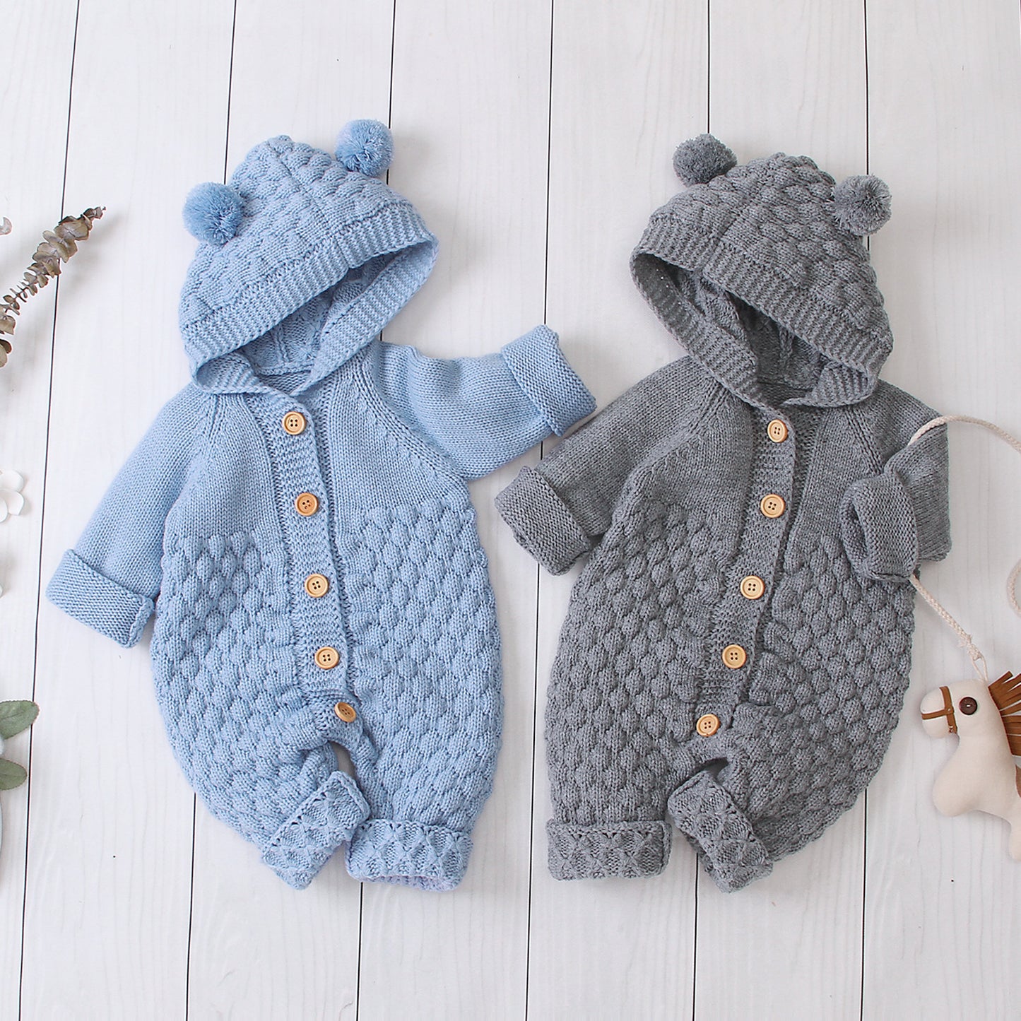 Soft acrylic knit hooded jumpsuit for babies with long sleeves perfect for autumn and winter