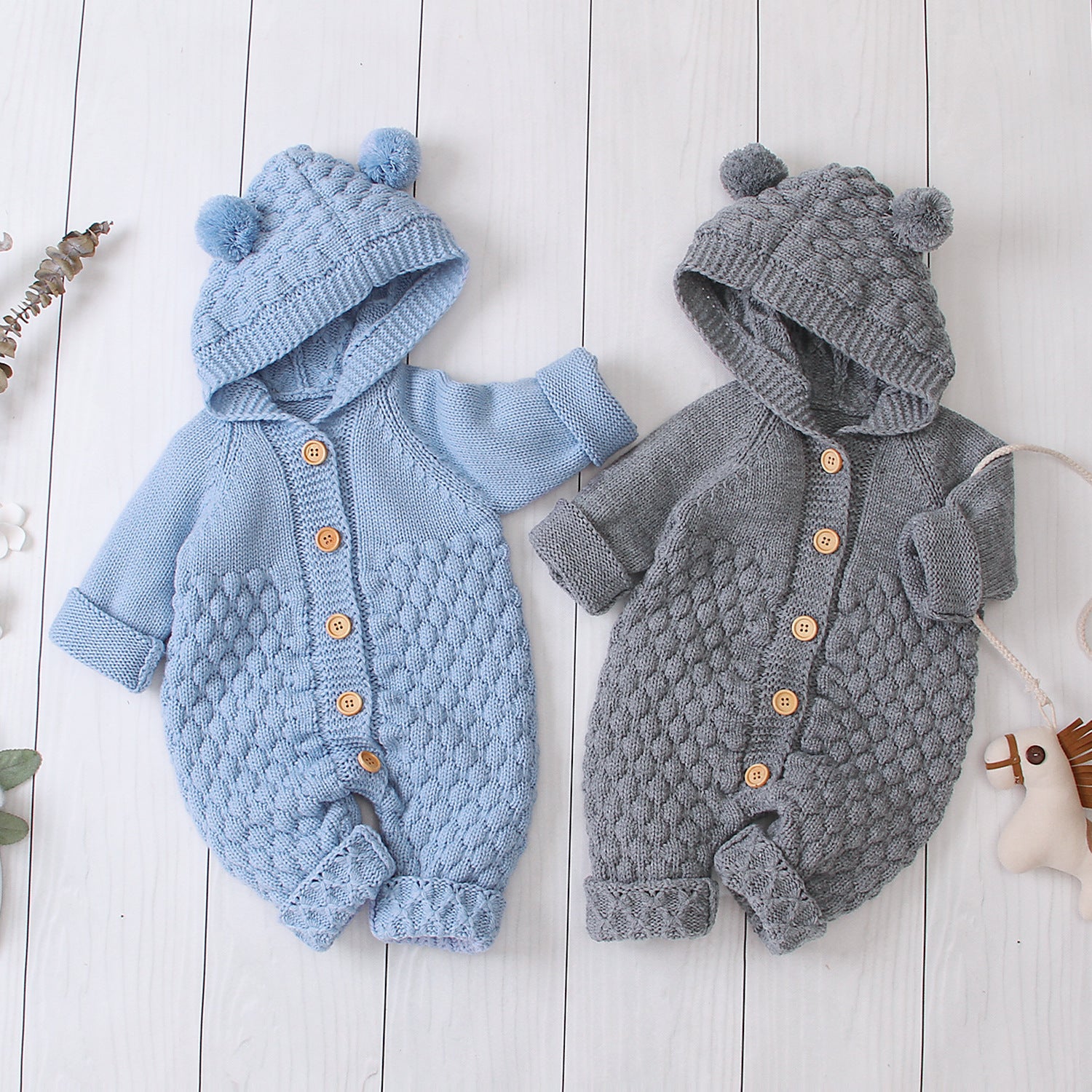Soft acrylic knit hooded jumpsuit for babies with long sleeves perfect for autumn and winter