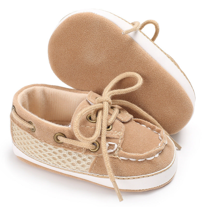 Lightweight baby shoes in beige, brown and blue for infants 0-12 months