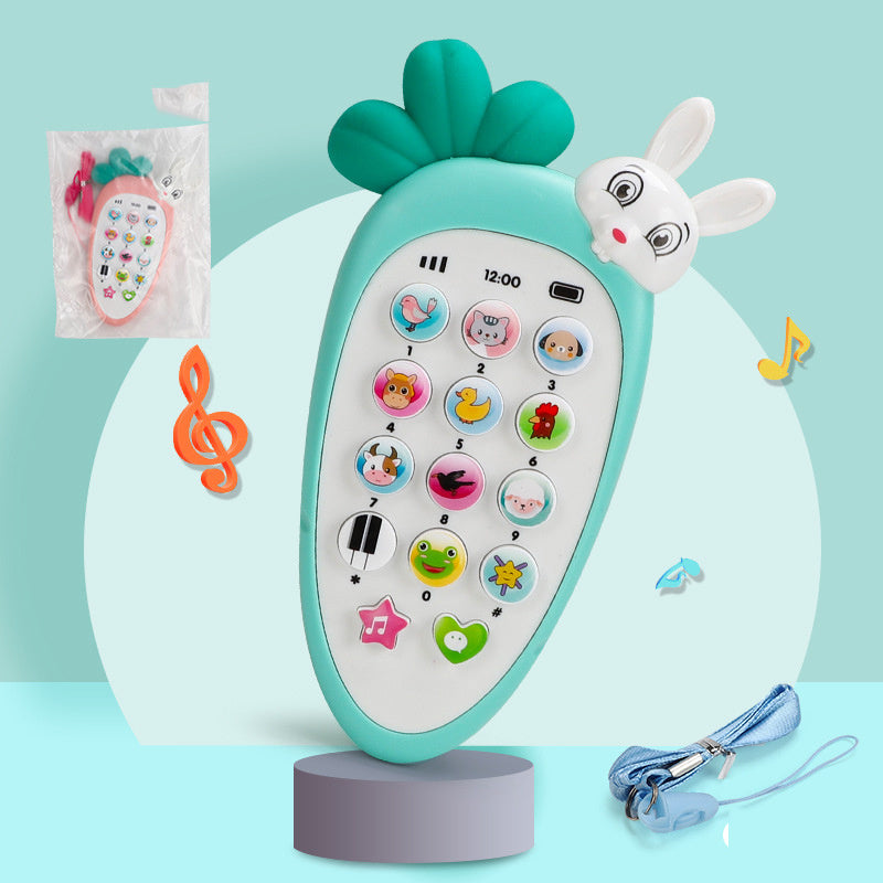 Children's toy phone with colorful buttons on a light blue background