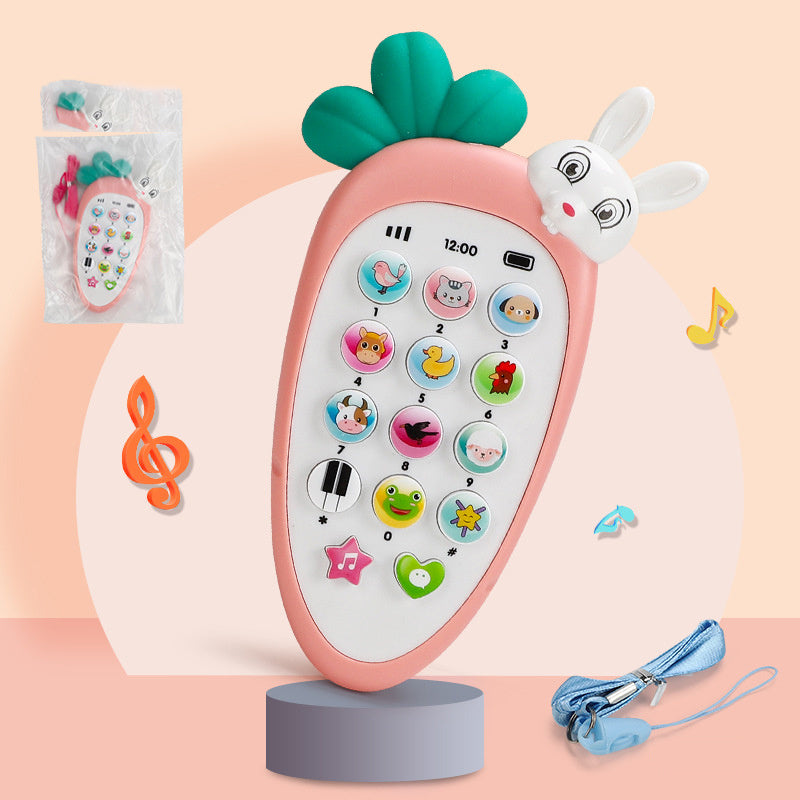 Children's toy phone with colorful buttons on a pink background