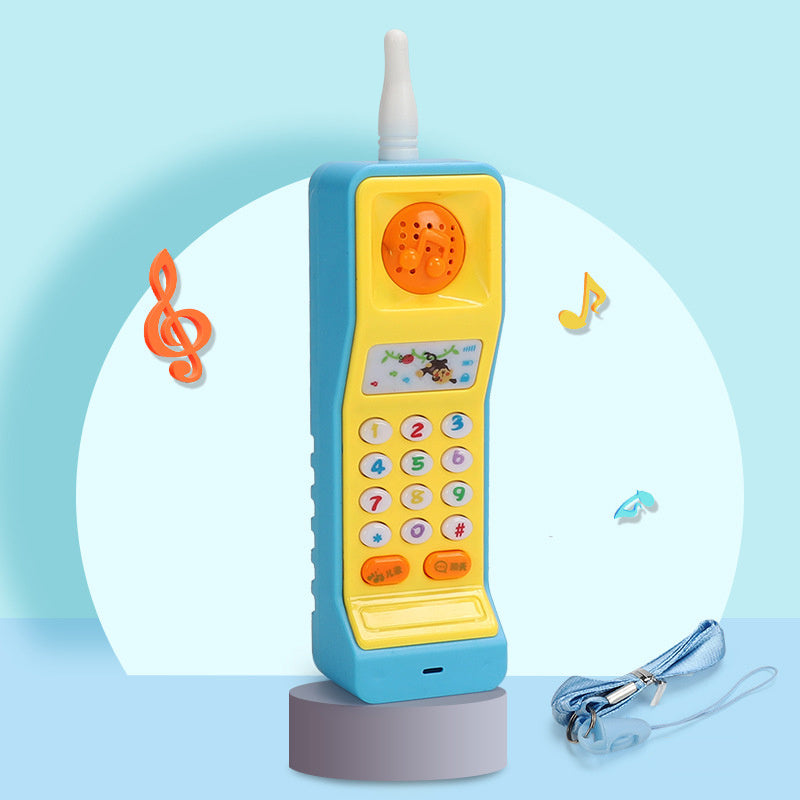 Toy phone with colorful buttons and a blue base on a light blue background