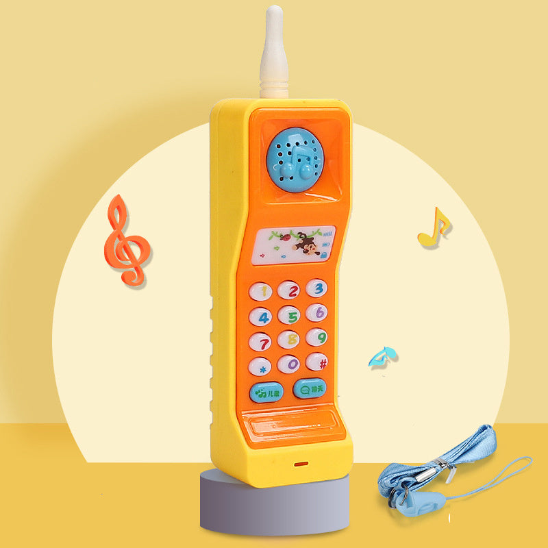 Toy phone with colorful buttons and a yellow base on a light yellow background