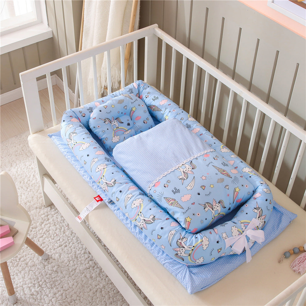 Portable baby travel bed with adorable unicorn design