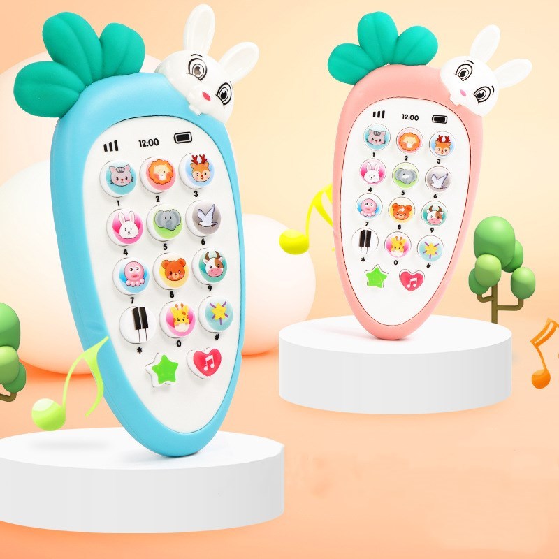 Two colorful toy phones with cartoon character faces on a light orange background