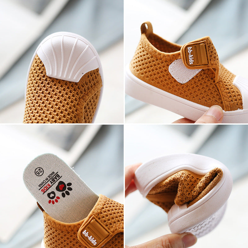 Collage of baby shoes with brown mesh design and white soles, featuring a visible brand logo.
