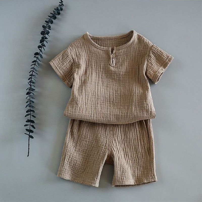 Light gray baby summer two-piece set with coordinating top and pants