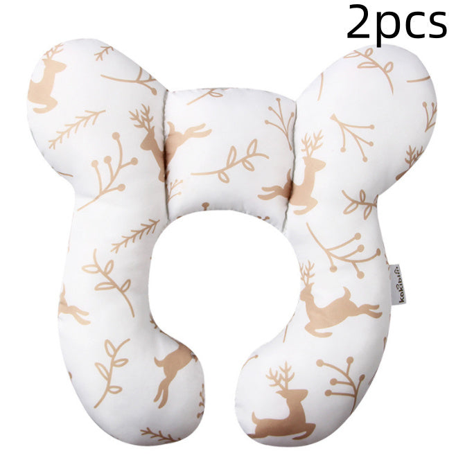 Two U-shaped baby neck pillows with deer pattern on a white background