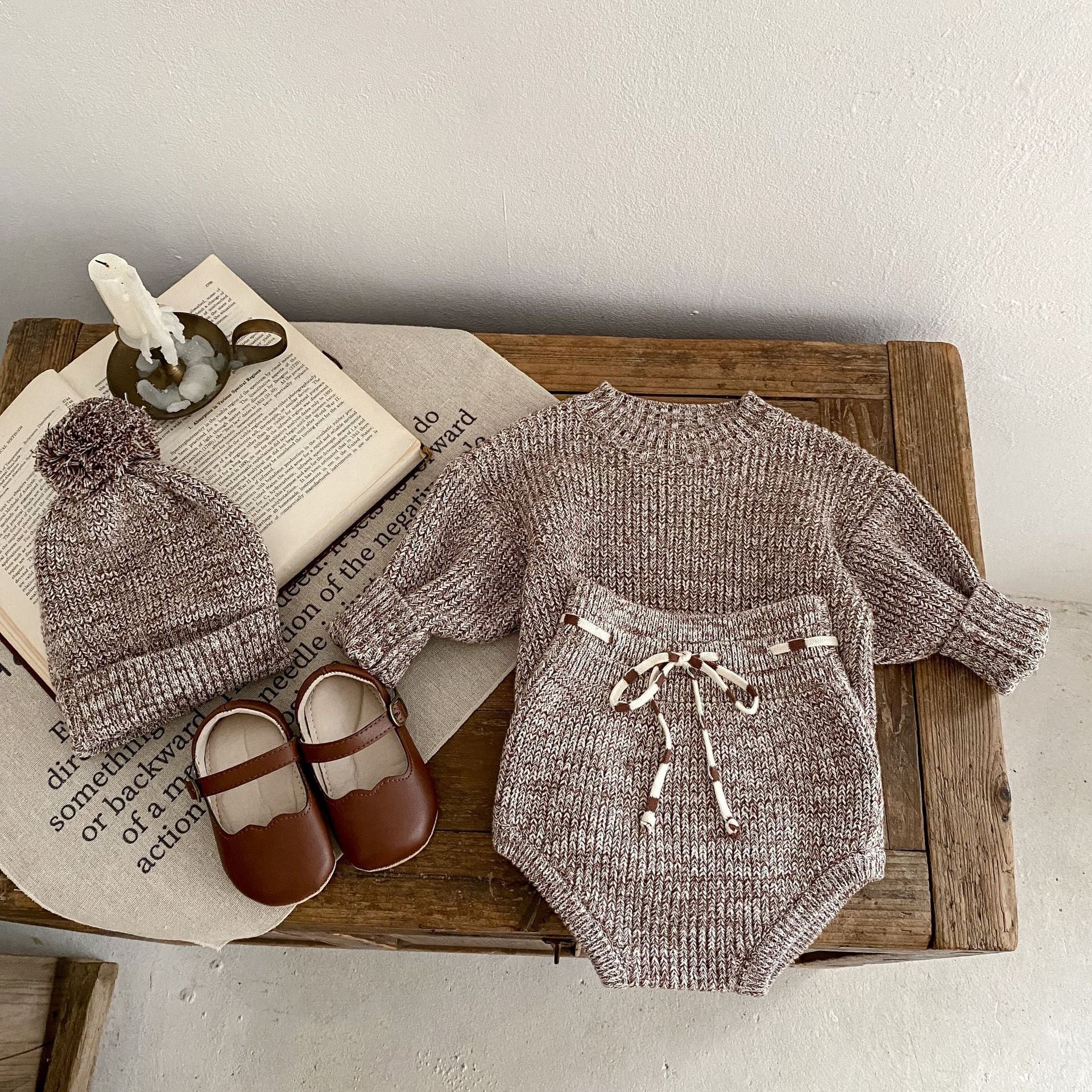 European style baby girl knit outfit set made from 100% cotton in solid dark brown color