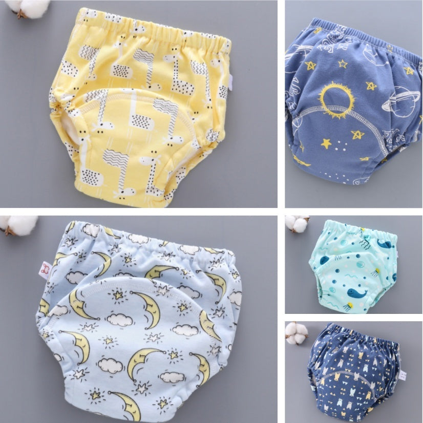 Collage of baby bloomers with various patterns on a gray background