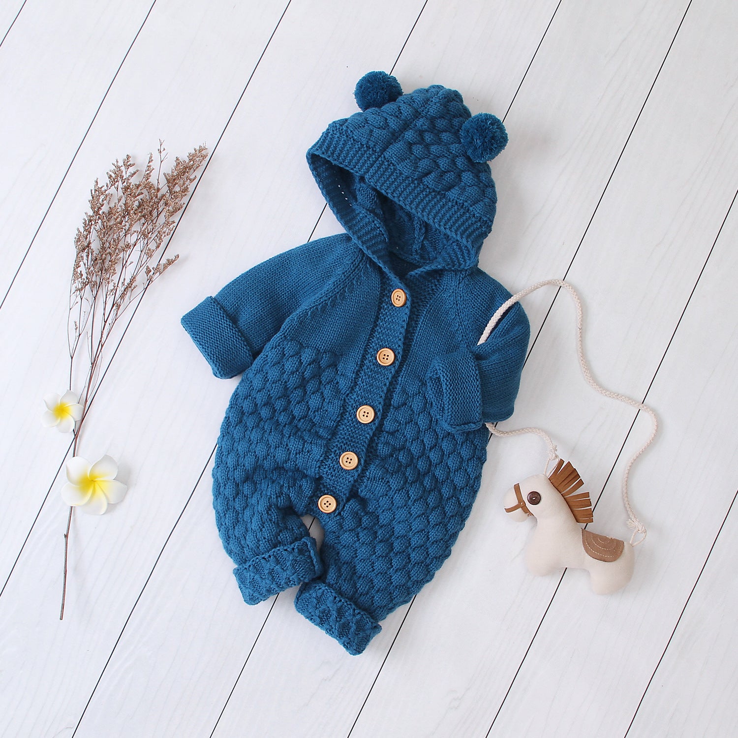 Unisex baby hooded knit romper with single-breasted design for easy dressing