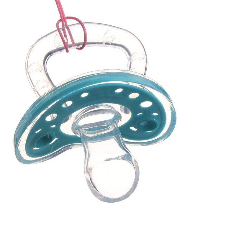 Teal and clear pacifier with a pink string on a white background