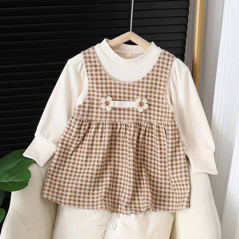 Baby girl long sleeve dress set with classic plaid design and matching top