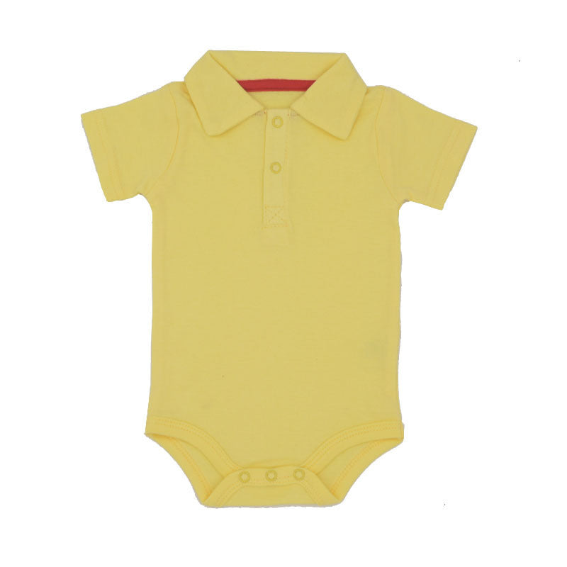 Yellow baby onesie with a collar on a white background