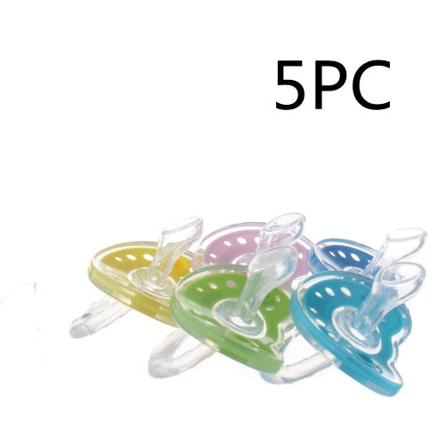 Five colorful baby pacifiers on a white background with '5PC' text above.