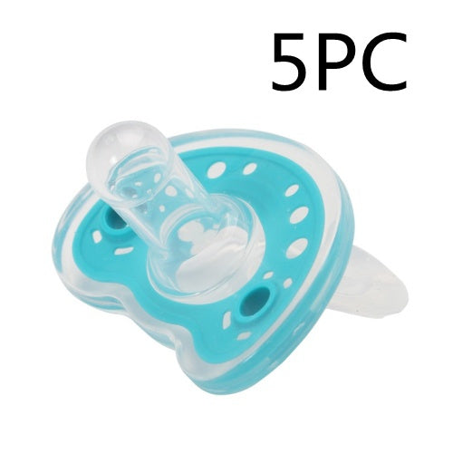Blue and clear baby pacifier with '5PC' text on a white background