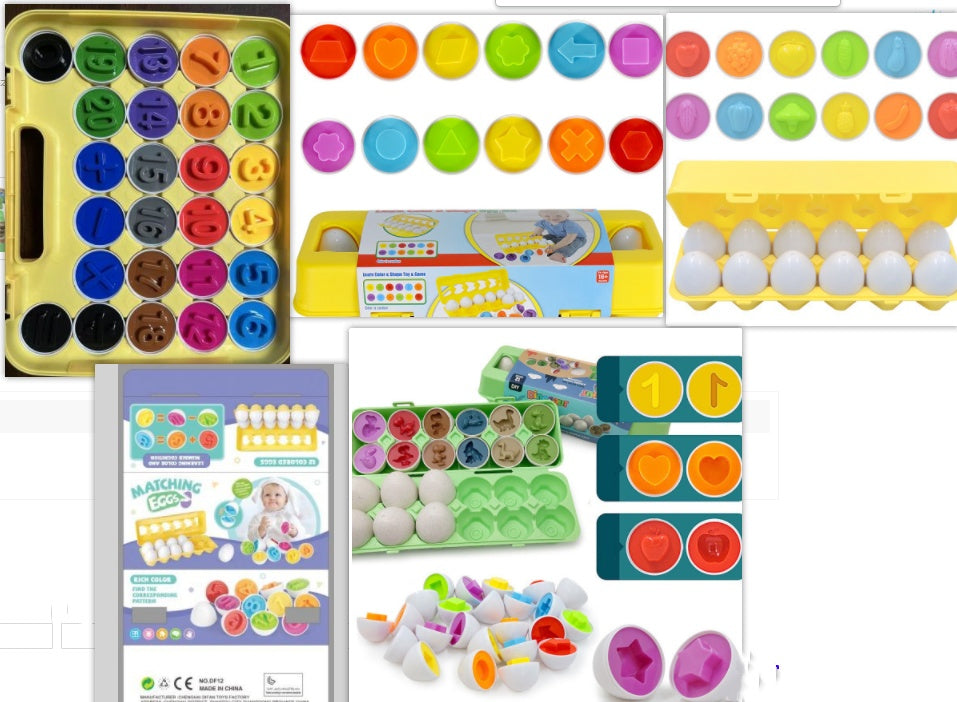 Collage of educational toys and tools for children, including colorful pegboards and egg-shaped items.