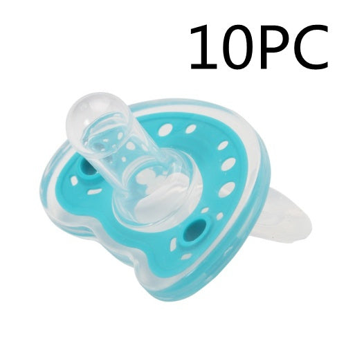 Blue baby pacifier with clear silicone tip on a white background, labeled '10PC'.