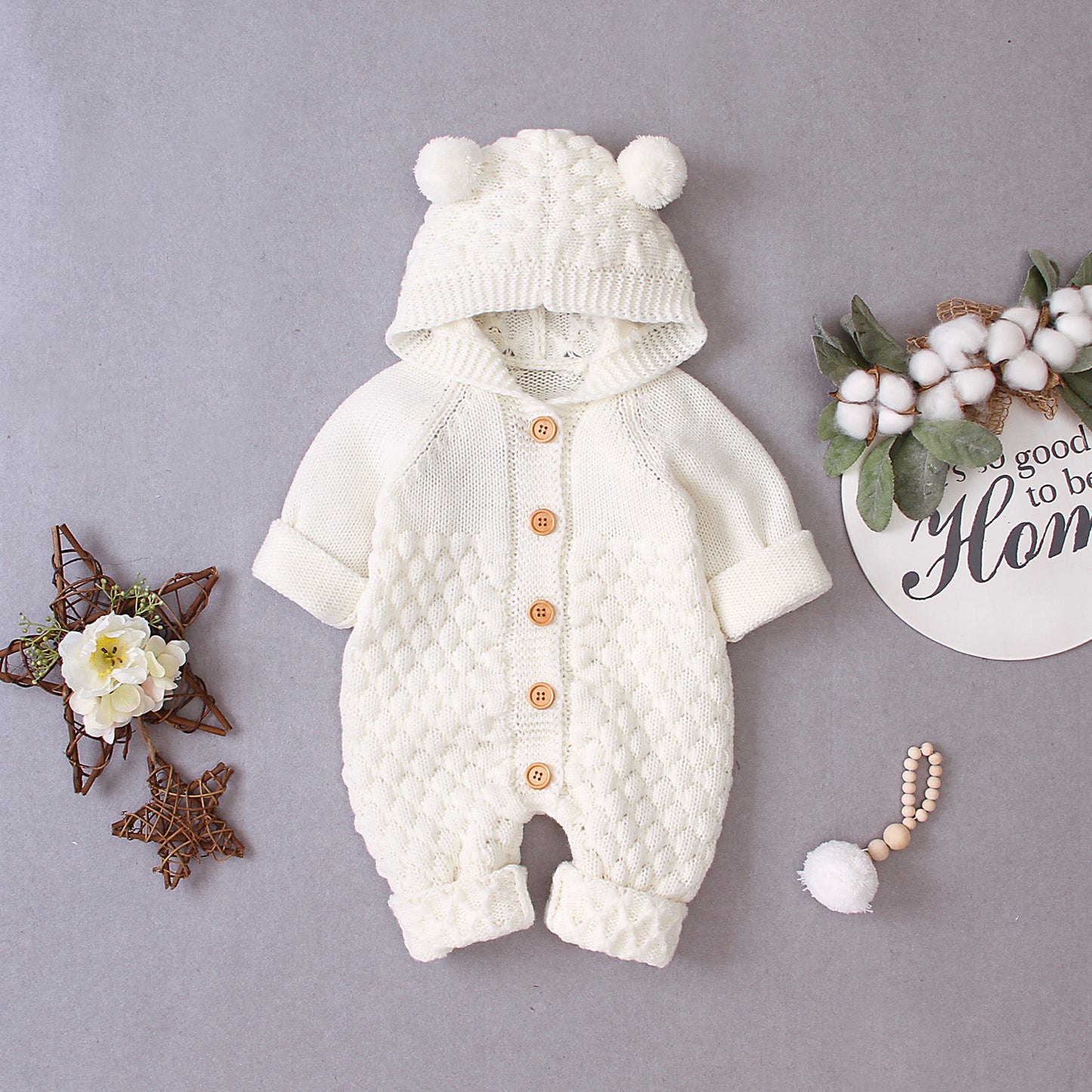 Casual style baby hooded knit jumpsuit with general thickness for multi-season wear