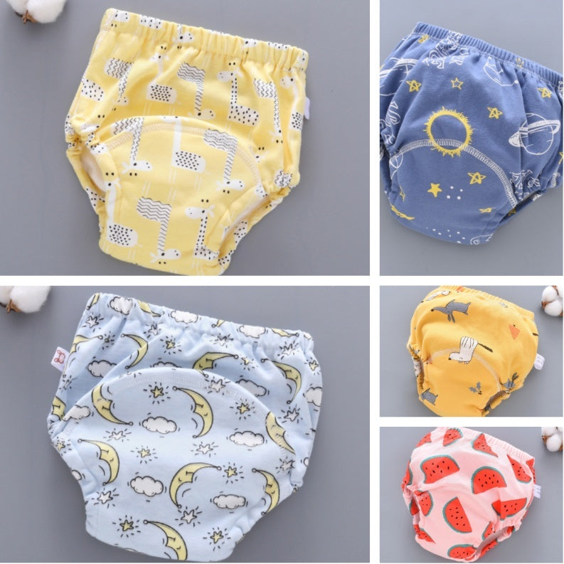 Collage of various patterned baby diapers on a gray background