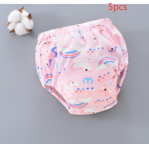 Pink baby bloomers with rainbow and cloud pattern on a gray background