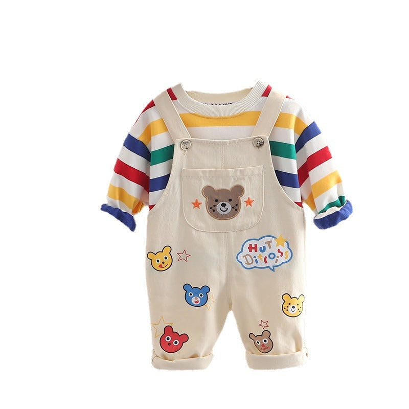  Boys two-piece overalls outfit set with coordinating top and strap pants