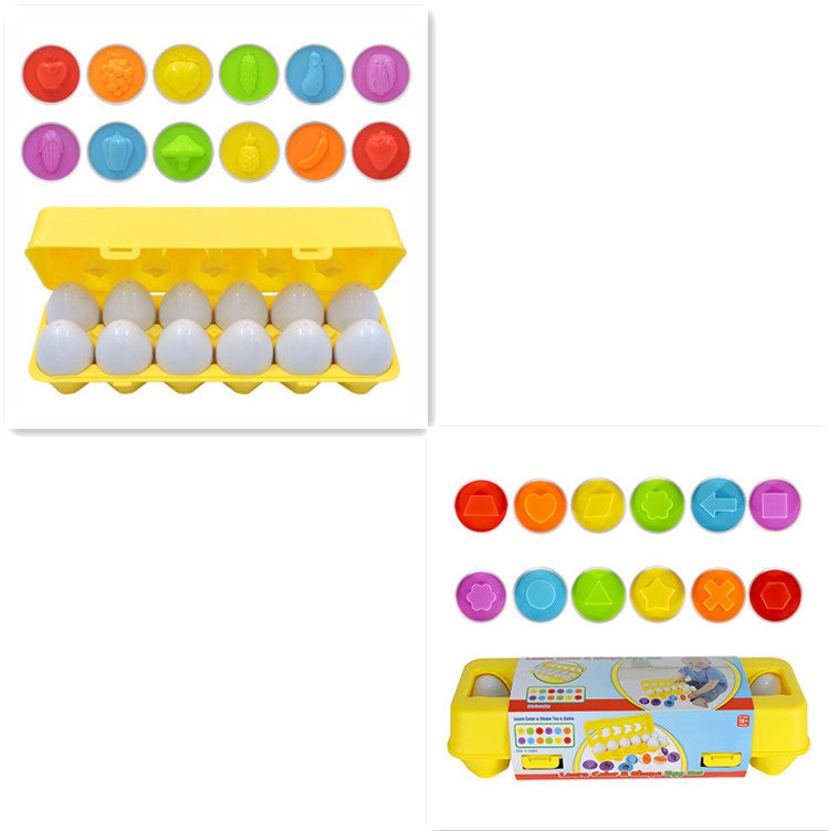 Colorful toy buttons in an egg-shaped holder with a separate display of buttons.