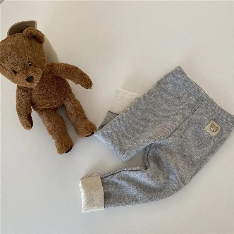 Brown teddy bear and gray baby leggings on a white background