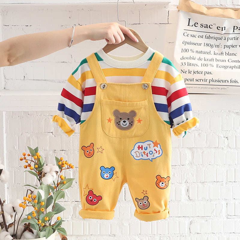 Full outfit view of boys' cotton overalls with shirt for special occasions