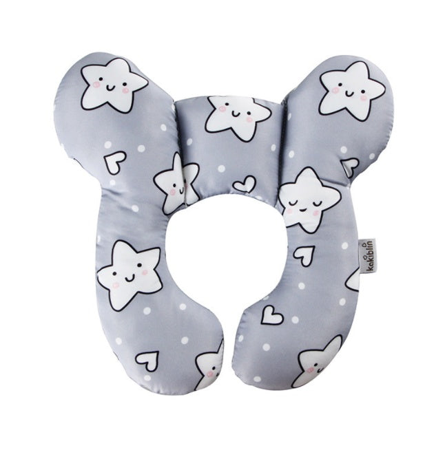 Gray neck pillow with star and heart patterns on a white background