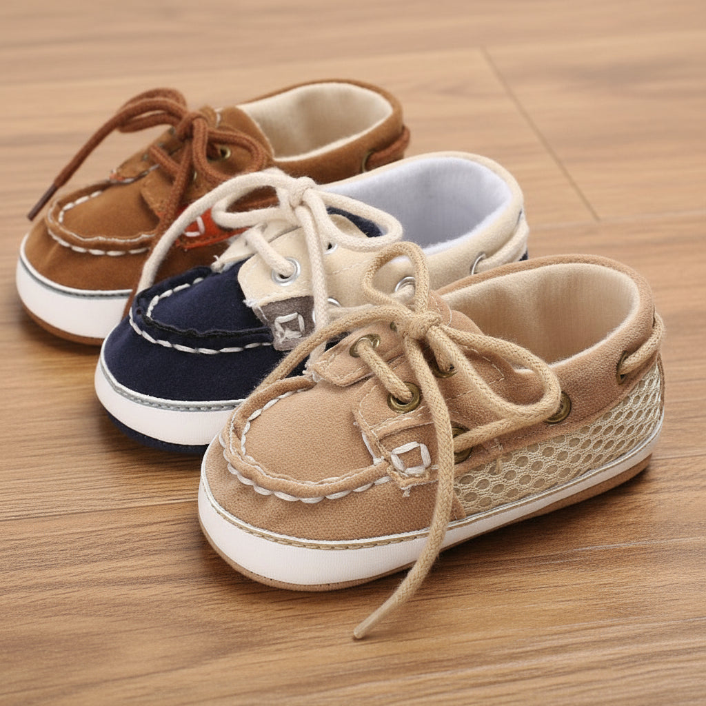 Three pairs of children's boat shoes in brown, blue, and beige on a white background.