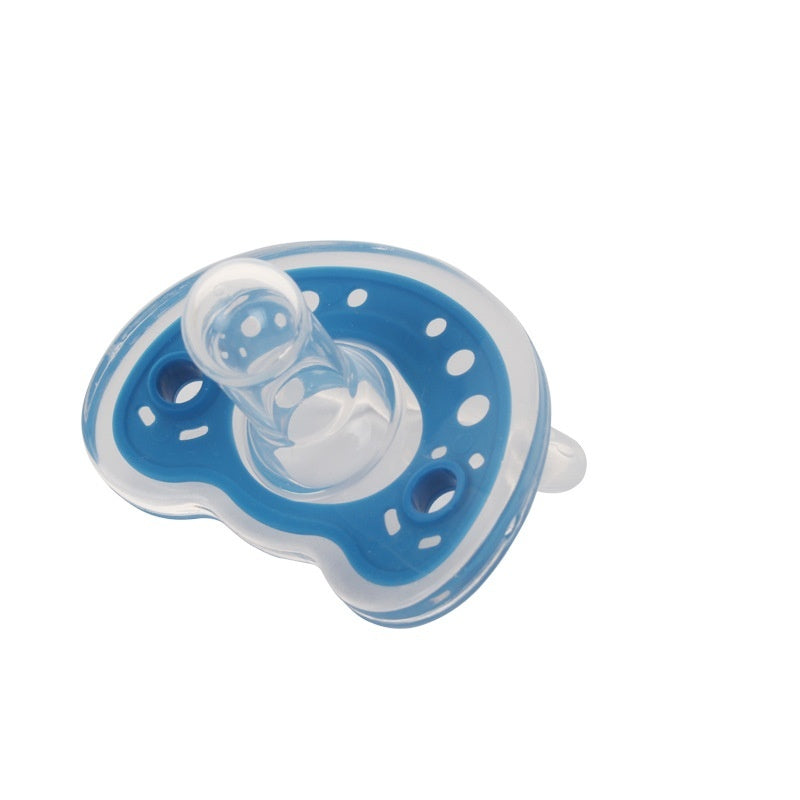 Blue and white pacifier on a white background
