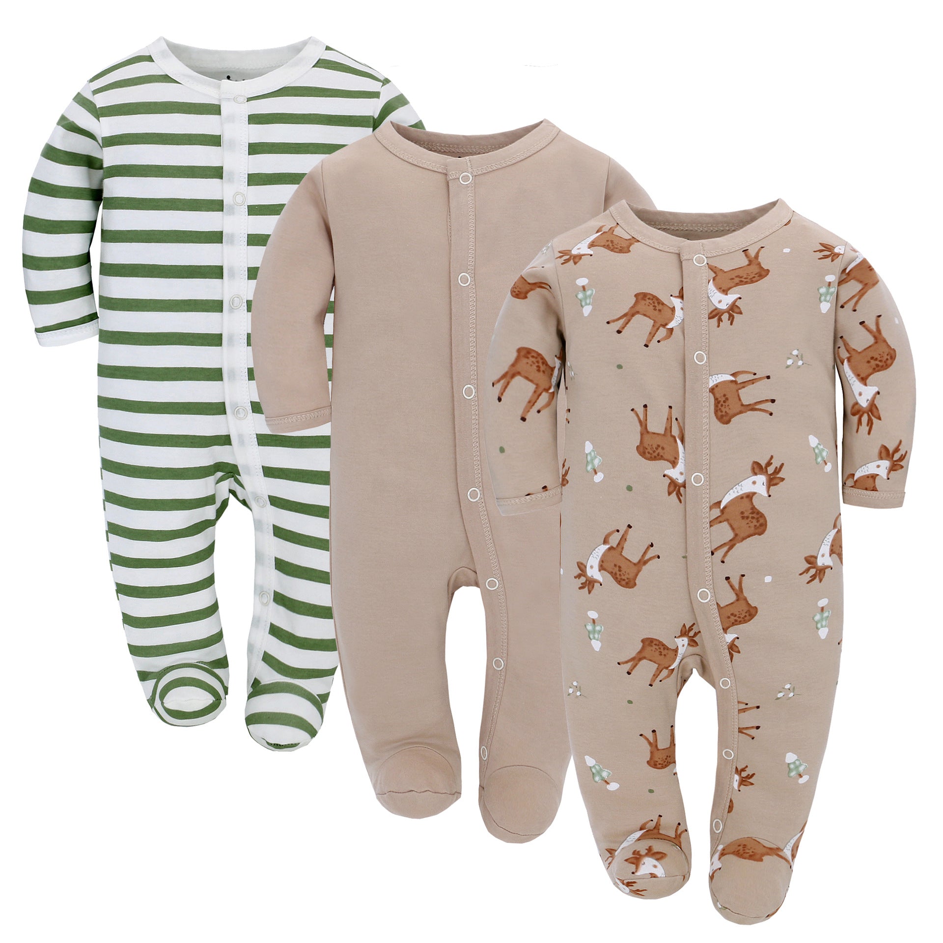 Three baby onesies with different patterns