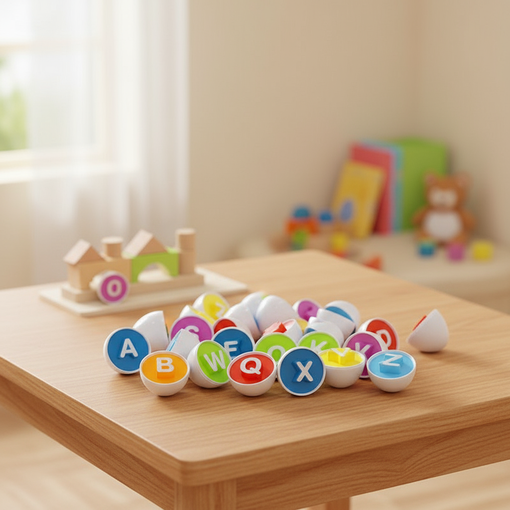 Alphabet matching eggs with engaging background
