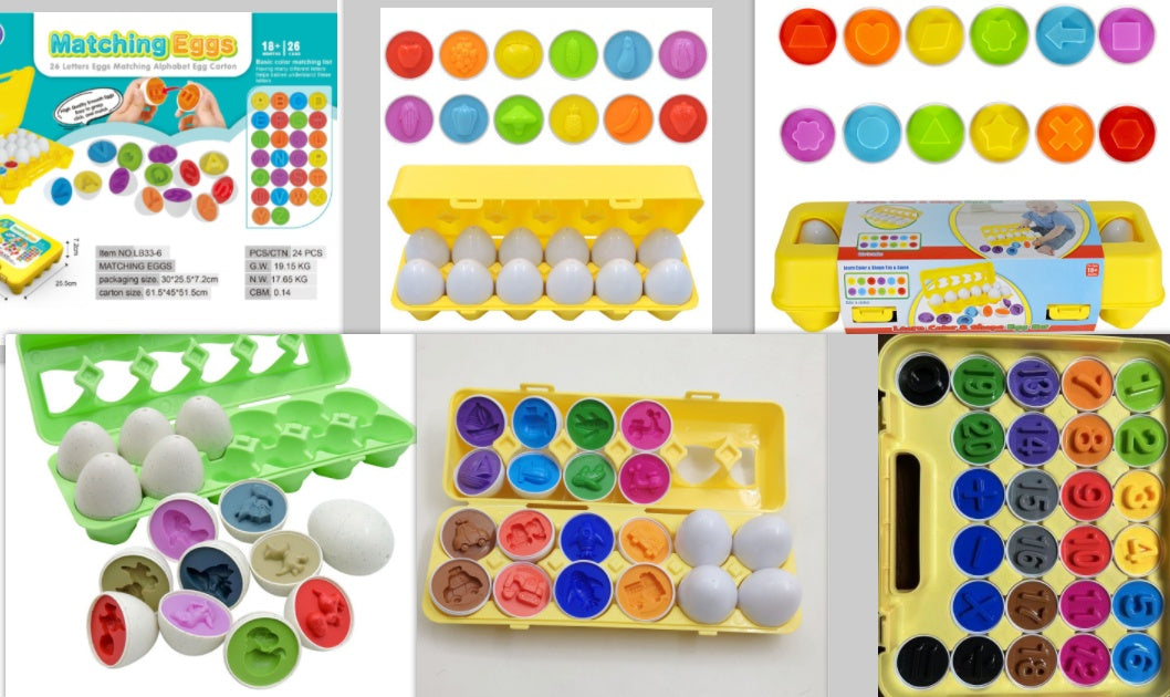 Colorful educational toys with egg-shaped compartments on a white background