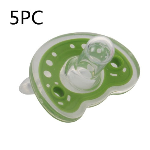 Green pacifier with white dots on a white background