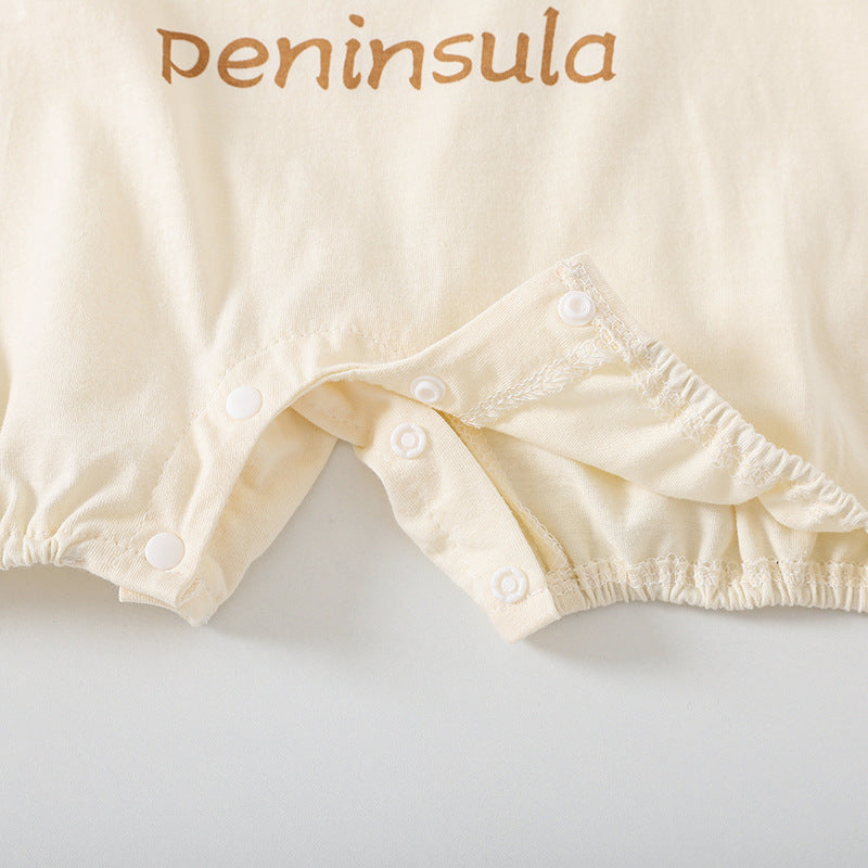Beige baby romper with 'peninsula' branding on a light gray background