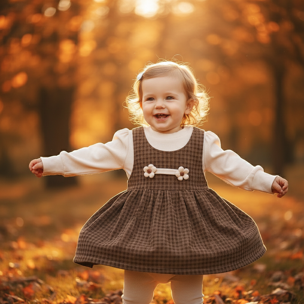 Baby Girl Wearing Deep Coffee Dress Set Outdoors