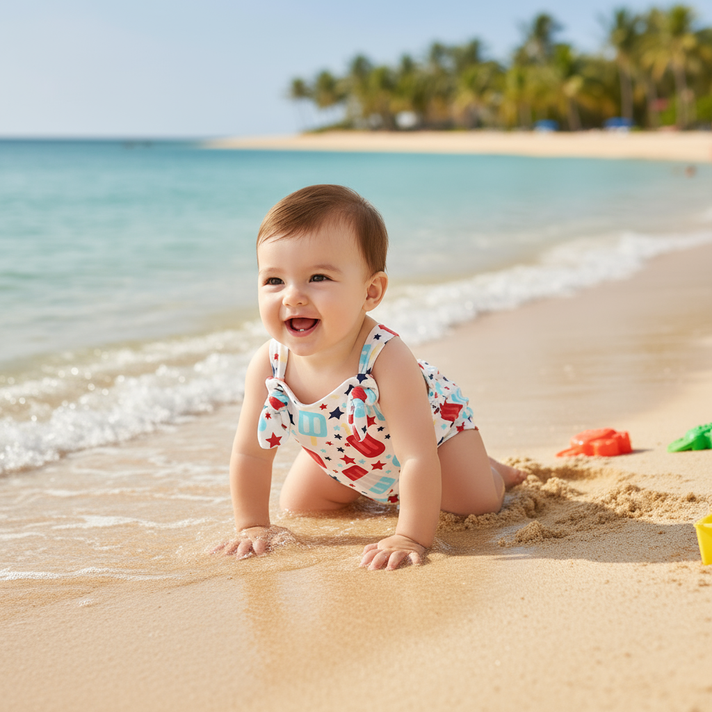 Baby Wearing Blue Ice Cream Suspender Pants Outdoors