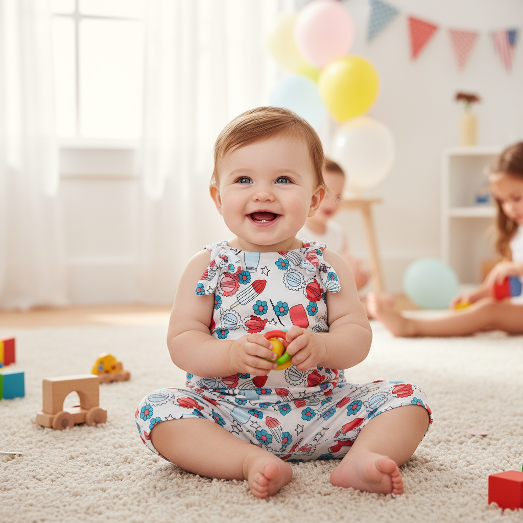 Baby Wearing Flower Print Suspender Pants at Party