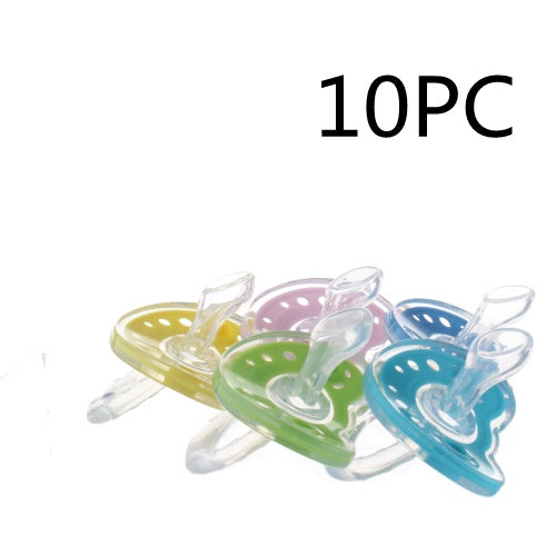 Set of 10 colorful baby pacifiers on a white background with '10PC' text.