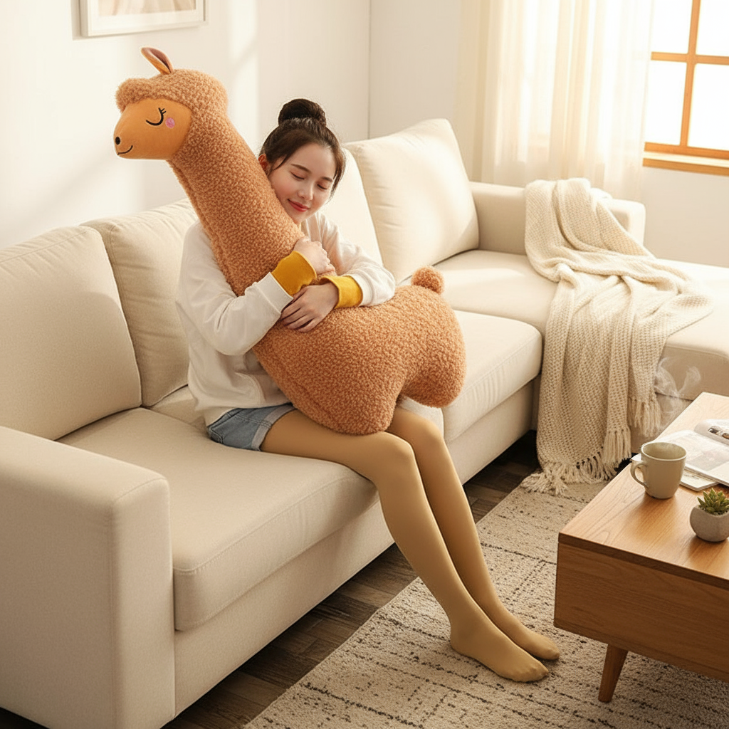 Brown Alpaca Being Cuddled on Couch
