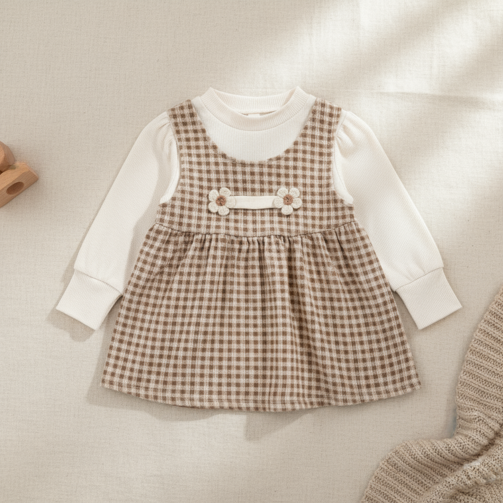 Brown plaid baby dress - close-up