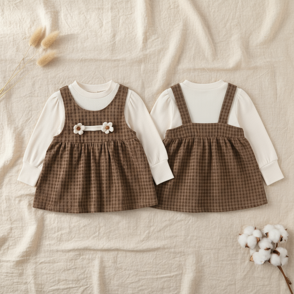 Brown plaid baby dress - front and back views