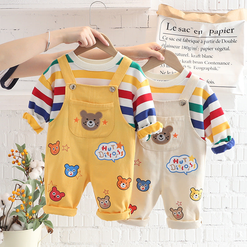 Back view of boys' cotton overalls showing adjustable strap design