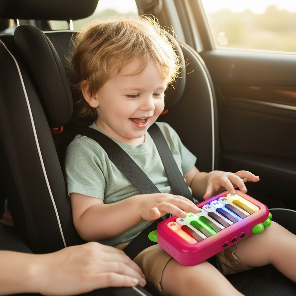 Child playing with pocket piano in car